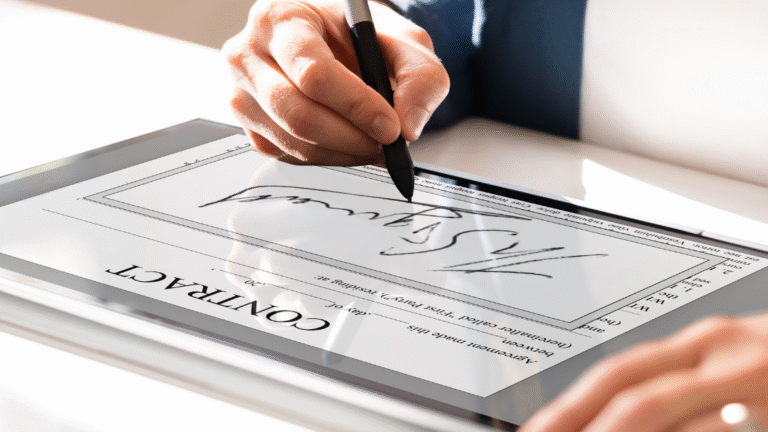 Hand unterschreibt digitalen Vertrag auf einem Tablet mit einem digitalen Stift in einer hellen Umgebung