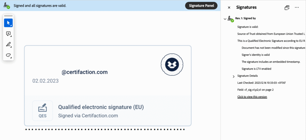Certificate seal “QES valid” in Adobe Reader, written in English, in a rectangle with a blue border and a large tick symbol – indicating that a qualified electronic signature (QES) is valid.
