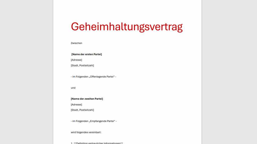 Teil eines Geheimhaltungsvertrages auf Deutsch mit Platzhaltern für Namen, Adressen und Postleitzahlen der ersten und zweiten Partei, zwischen der offenlegenden und empfangenden Partei.