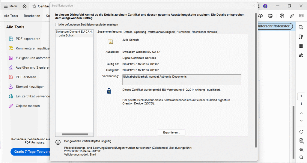 Dialogfenster einer Zertifikatanzeige im PDF-Programm, das Details eines Digitalzertifikats mit Aussteller Swisscom Diamant EU CA 4.1, Gültigkeitszeitraum 2023/12/07, Verwendungszweck Acrobat Authentic Documents und Hinweis auf EU-Verordnung 910/2014 anzeigt.