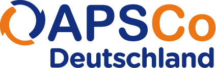 Logo von APSCo Deutschland mit stilisiertem, halbkreisförmigem Pfeildesign in Blau und Orange neben dem Schriftzug