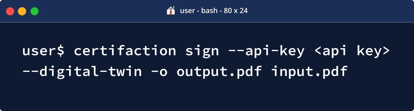Terminalfenster mit Eingabebefehl zum digitalen Signieren einer PDF-Datei mittels Certifact API und digitalem Zwilling, Ausgabe in output.pdf