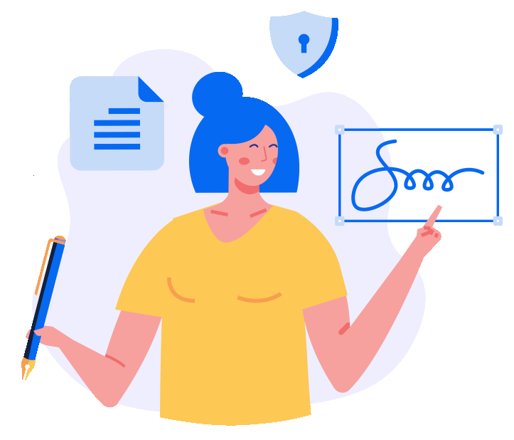 Frau mit blauen Haaren und gelbem Oberteil hält einen Stift und zeigt lächelnd auf eine digitale Unterschrift, umgeben von Symbolen für Dokumente und Datenschutz.