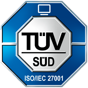 Logo Blaues oktagonales Logo von TÜV SÜD mit weißem Bildschirm-Symbol oben und Text ISO/IEC 27001 unten