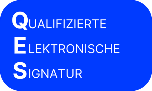 Blaues Rechteck mit abgerundeten Ecken und weißem Text, der die Abkürzung QES mit den Worten Qualifizierte elektronische Signatur beschreibt