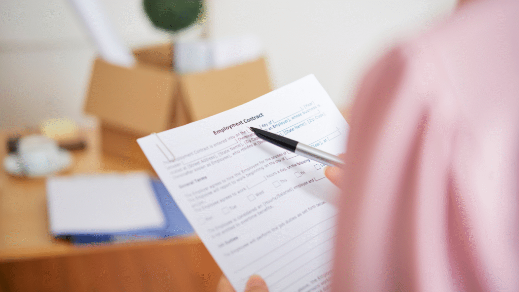 Person holding a pen and pointing at an employment contract, in the background blurred boxes and a table with documents and a cup.