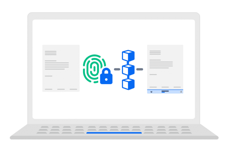 Grafik auf einem Laptop-Bildschirm zeigt Dokumente, einen grünen Fingerabdruck mit einem blauen Schloss und eine symbolische Darstellung einer Blockchain-Verbindung, die sichere digitale Dokumentenverarbeitung darstellt.