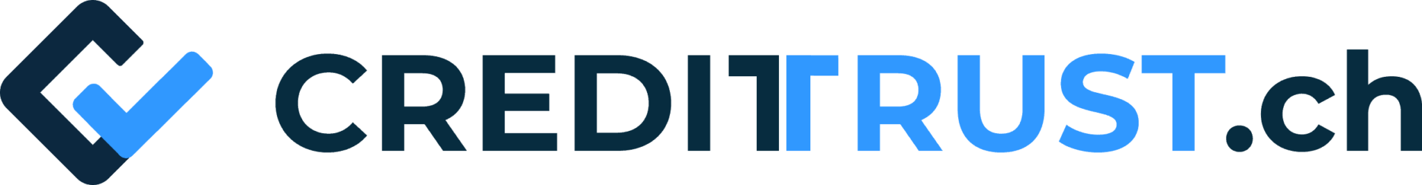 Logo mit einem dunkelblauen Quadrat, das einen hellblauen Haken enthält, daneben der Schriftzug CREDITRUST.ch, wobei TRUST in hellblau und der Rest in dunkelblau dargestellt ist
