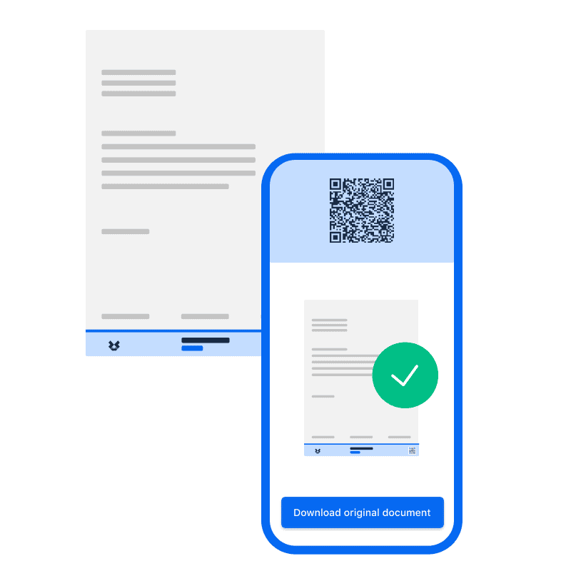Grafische Darstellung eines Dokuments und eines Smartphones, das das Dokument mit einem QR-Code scannt und die Option zeigt, das Originaldokument herunterzuladen, mit einem grünen Häkchen zur Bestätigung.