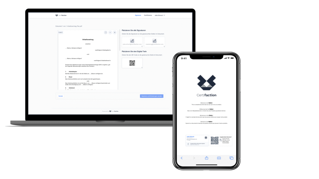 Laptop screen shows a user interface for digitally signing an employment contract, next to it a smartphone with Certifaction logo and a sample certificate with QR code and signature.