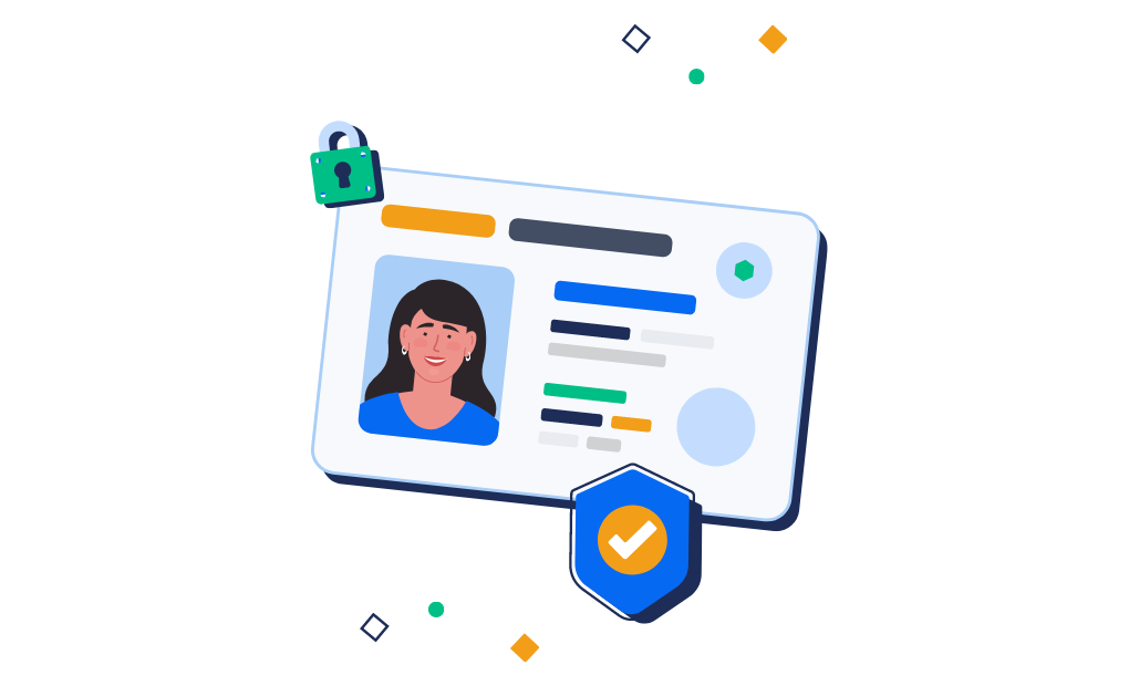 Digital illustration of an ID card with a photo of a woman, next to it a green lock symbol and a blue sign with a white tick, symbolising security and verification.