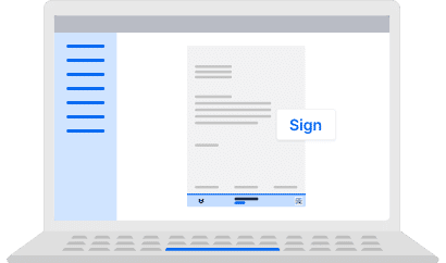 Grafische Darstellung eines Laptops mit einem Dokument auf dem Bildschirm, das eine Schaltfläche mit der Aufschrift "Sign" zum Unterschreiben zeigt