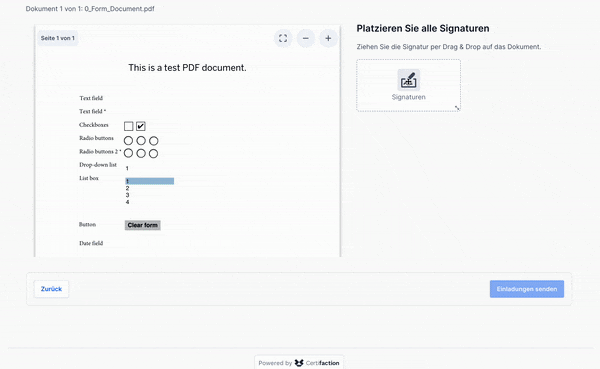 Webseite zeigt ein ausgefülltes PDF-Formular mit Textfeld, Checkbox, Radio-Buttons, Dropdown-Liste und Button „Clear form“, daneben Bereich zum Platzieren von Signaturen durch Drag & Drop, darunter Buttons „Zurück“ und „Einladungen senden".
