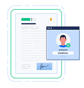 Illustration eines Dokuments mit Text, Unterschrift und einem kleinen gezeichneten Profilbild einer Person neben einem Feld mit dem Text "@address".