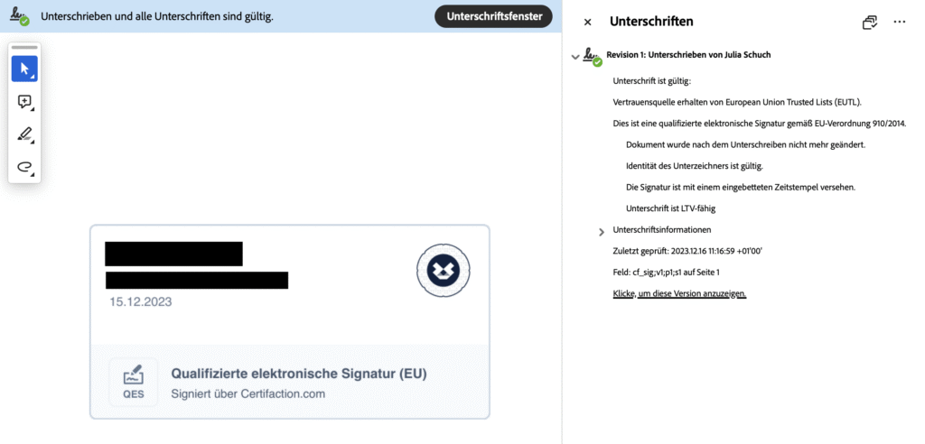 Digitale Unterschriftsübersicht mit Text "Unterschrieben und alle Unterschriften sind gültig" und einer qualifizierten elektronischen Signatur vom 15.12.2023, signiert über Certification.com, mit Details rechts zur gültigen Signatur von Julia Schuch, einschließlich Vertrauensquelle, LTV-Fähigkeit und Prüfzeitpunkt am 16.12.2023.