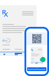 Abbildung eines digitalen Rezepts auf einem Smartphone-Bildschirm neben einer gedruckten Version des Rezepts mit QR-Code und Unterschrift.