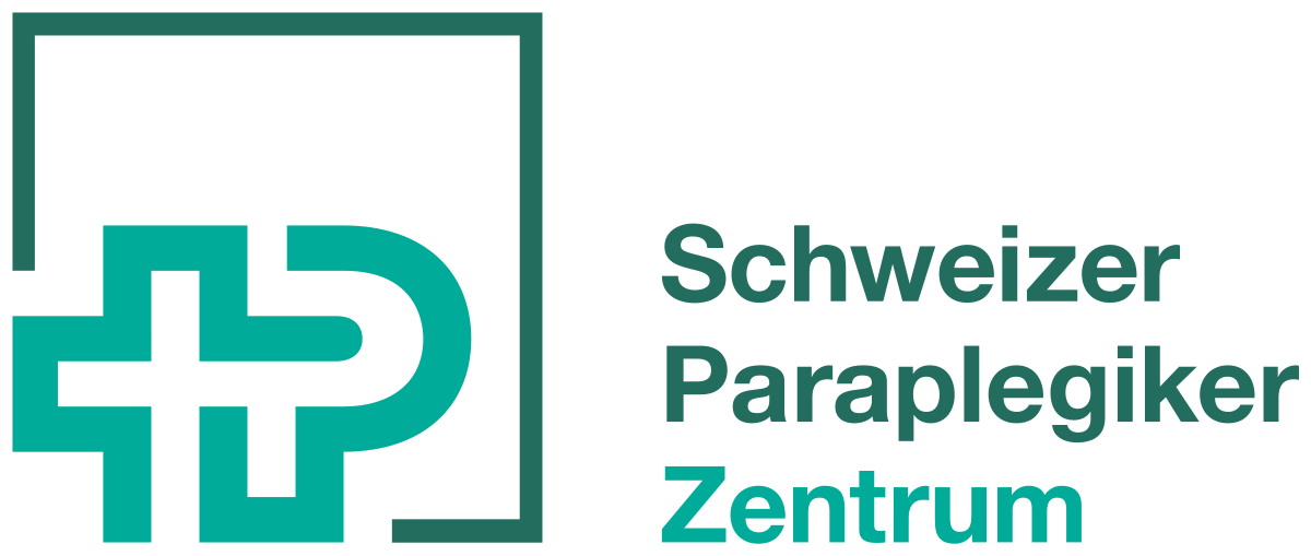 Logo des Schweizer Paraplegiker Zentrums mit stilisiertem grünen Kreuz und Buchstaben kombiniert neben dem Text "Schweizer Paraplegiker Zentrum" in grüner Schrift