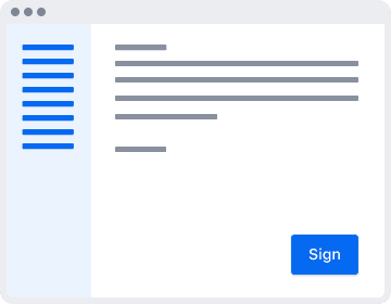Webformular mit seitlicher blauer Navigationsleiste links und mehreren grauen Textzeilen rechts, darunter ein blauer Button mit der Aufschrift "Sign"
