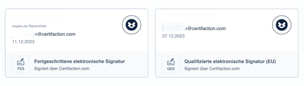 Zwei nebeneinander stehende Karten mit E-Mail-Adressen, Daten und Stempeln, links Fortgeschrittene elektronische Signatur vom 11.12.2023, rechts Qualifizierte elektronische Signatur (EU) vom 07.12.2023, jeweils signiert über Certifaction.com.
