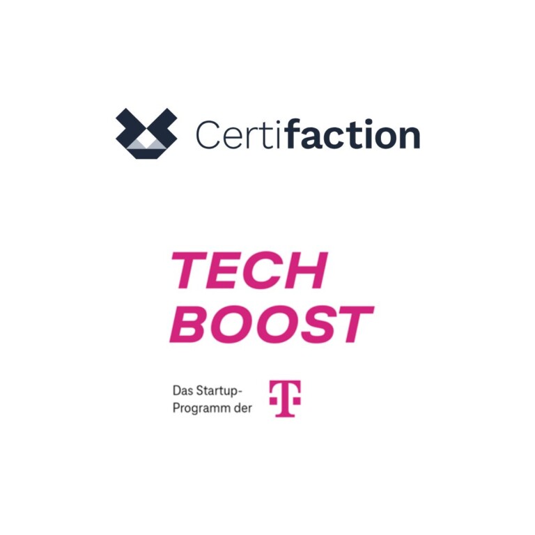 Logo von Certifaction mit einem stilisierten geometrischen Symbol links und dem Schriftzug rechts, darunter in pinker Schrift der Schriftzug TECH BOOST und der Text Das Startup-Programm der Telekom mit dem T-Logo.