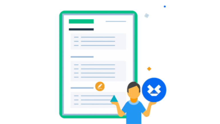 Illustration einer Person vor einem großen Dokument mit Textblöcken, die ein blaues Dropbox-Logo und ein Dreieck in den Händen hält.