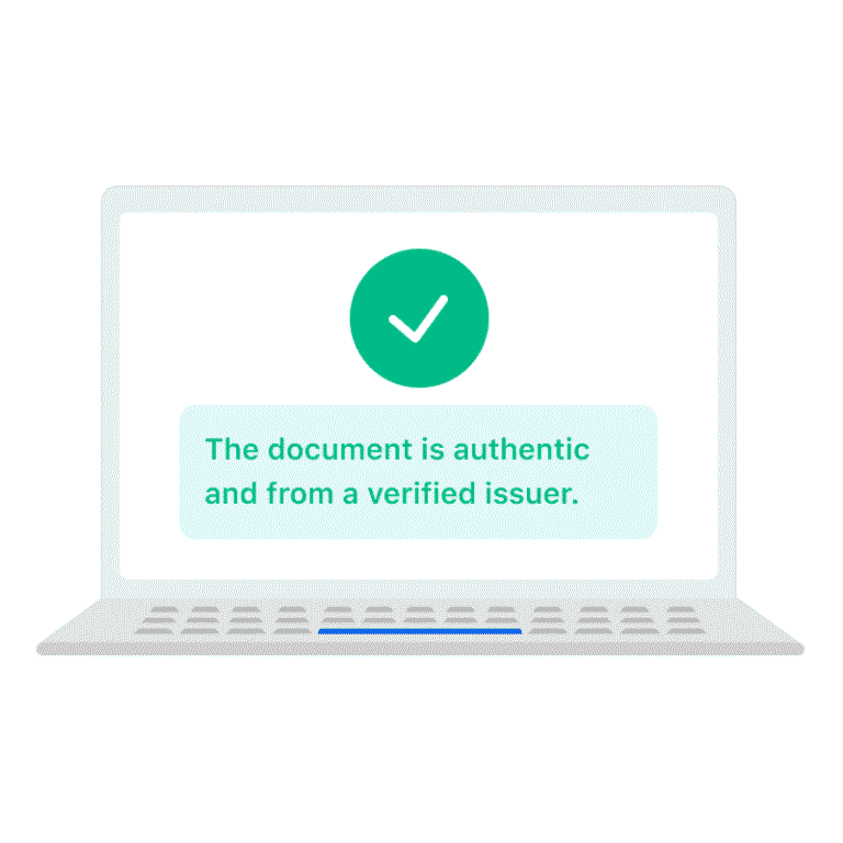 Grafische Darstellung eines offenen Laptops mit einer grünen Prüfzmarke und dem Text "The document is authentic and from a verified issuer." auf dem Bildschirm