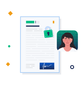 Illustration eines Dokuments mit einem grünen Vorhängeschloss-Symbol, das Sicherheit anzeigt, daneben ein Porträt einer lächelnden Person mit kurzem dunklem Haar vor einem Hintergrund aus binären Zahlen.