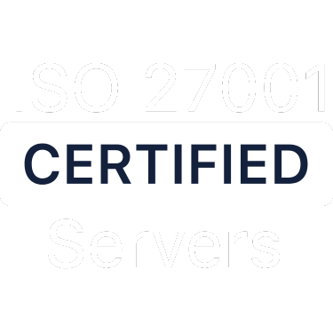 Logo Text ISO 27001 CERTIFIED Servers auf schwarzem Hintergrund mit hervorgehobenem CERTIFIED in weißem Rechteck