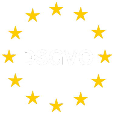 Logo Weiße Schrift mit dem Text "DSGVO" umgeben von zwölf gelben fünfzackigen Sternen in einem Kreis auf schwarzem Hintergrund