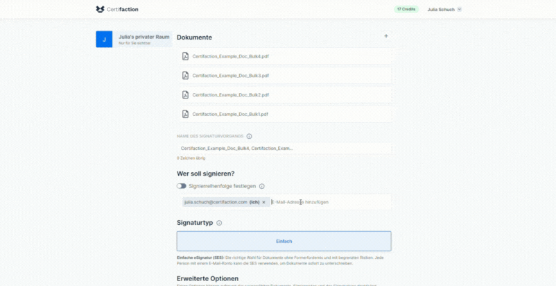 Screenshot einer digitalen Signaturplattform namens Certifaction mit einer Liste von PDF-Dokumenten zum Signieren, einer E-Mail-Adresse für den Signierenden, Optionen zur Festlegung der Signierreihenfolge und Auswahl des Signaturtyps, alles in deutscher Sprache dargestellt.