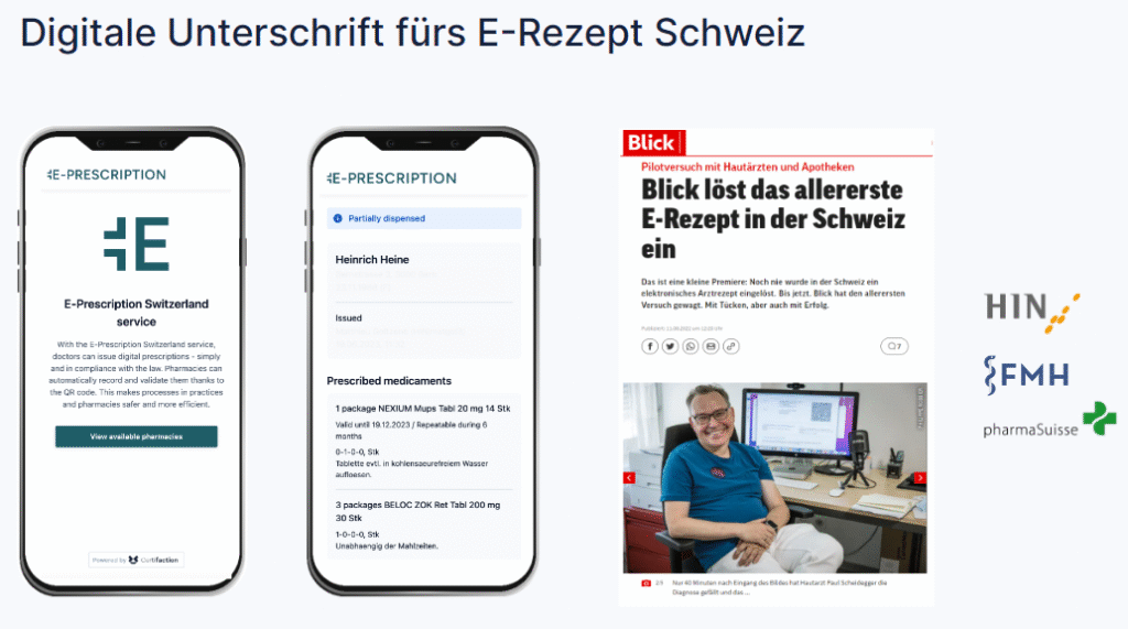Drei nebeneinander angeordnete Bilder unter der Überschrift "Digitale Unterschrift fürs E-Rezept Schweiz": zwei Handybildschirme mit E-Prescription-App-Inhalten und eine Zeitungs-Webseite von Blick mit dem Titel zur ersten E-Rezept-Einführung in der Schweiz und einem Porträtfoto eines lächelnden Mannes im Büro; rechts daneben Logos von HIN, FMH und pharmaSuisse