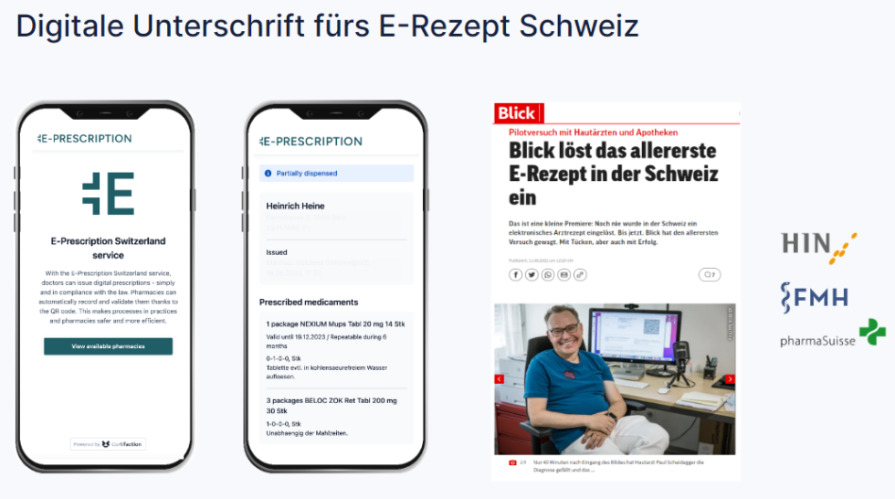 Titel 'Digitale Unterschrift fürs E-Rezept Schweiz' über zwei Smartphone-Displays mit der E-Prescription App, einem Screenshot einer Blick-Zeitungsseite mit Artikel über das erste E-Rezept in der Schweiz und den Logos von HIN, FMH und pharmaSuisse.