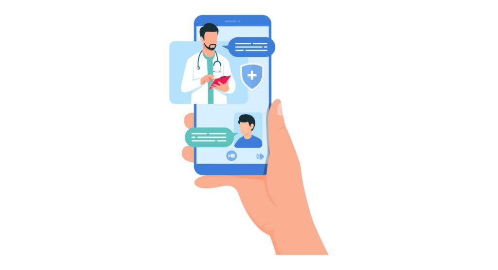 Hand hält ein Smartphone mit einer Telemedizin-App, gezeigt wird ein Videochat zwischen einem Arzt mit Stethoskop und einem Patienten, dazu Chatnachrichten und Icons für Video und Ton.