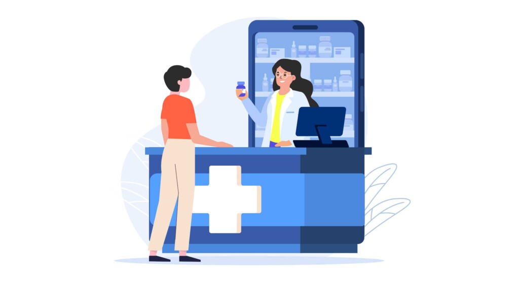 Illustration eines Apothekers in weißem Kittel hinter einem Apothekenschalter mit einem großen weißen Kreuz, der einem Kunden ein Medikamentenfläschchen zeigt, im Hintergrund Regale mit Medikamenten.