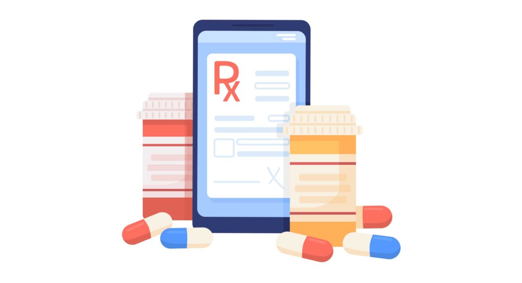 Illustration eines mobilen Geräts mit einem digitalen Rezept auf dem Bildschirm, umgeben von zwei verschlossenen Medikamentenbehältern und mehrfarbigen Kapseln auf weißem Hintergrund.