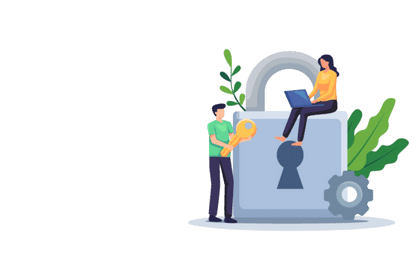 Illustration eines großen Schlosses mit einem Mann, der einen Schlüssel hält, und einer Frau, die auf dem Schloss mit einem Laptop sitzt, umgeben von Pflanzen und einem Zahnrad