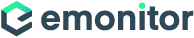 Logo von emonitor mit stilisiertem grünen und blauen Symbol neben dem Schriftzug