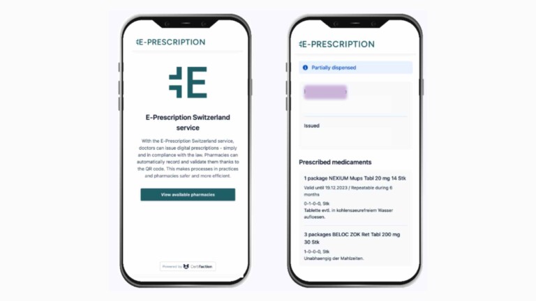 Zwei Smartphones nebeneinander mit der E-Prescription-App, die auf dem linken Bildschirm eine Einführung in den digitalen Schweizer E-Rezept-Service zeigt und auf dem rechten Bildschirm eine Liste verschriebener Medikamente mit Details zur Dosierung und Gültigkeit anzeigt.