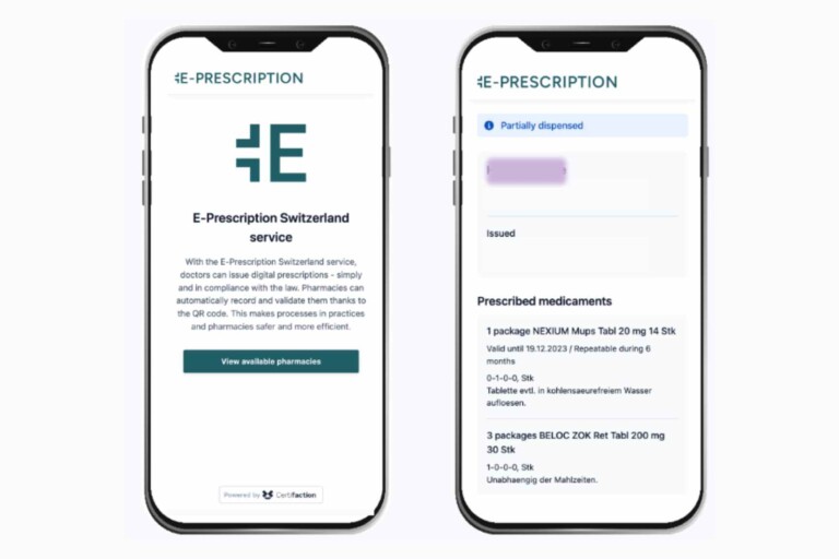 Zwei Smartphones nebeneinander mit der E-Prescription-App, die auf dem linken Bildschirm eine Einführung in den digitalen Schweizer E-Rezept-Service zeigt und auf dem rechten Bildschirm eine Liste verschriebener Medikamente mit Details zur Dosierung und Gültigkeit anzeigt.