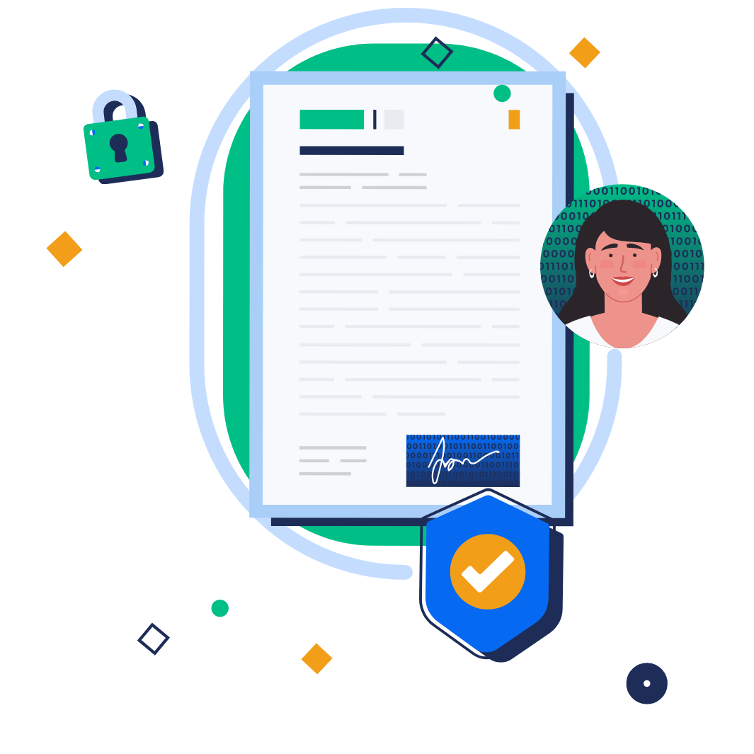 Illustration eines digital signierten Dokuments mit persönlichem Profilbild einer Frau, einem Schloss-Symbol und einem Schutzschild mit Häkchen als Zeichen für Sicherheit und Authentizität.