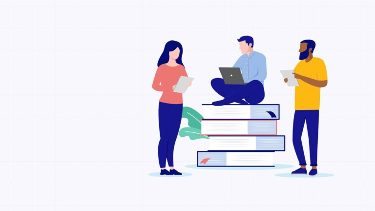 Illustration von drei Personen, eine sitzt mit Laptop auf einem Stapel großer Bücher, zwei weitere lesen von Tablets, vor einem hellen Hintergrund mit einem Blattmotiv.