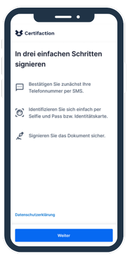 Smartphone-Bildschirm mit Anleitung zur sicheren Dokumentensignatur in drei Schritten auf Deutsch, inklusive Eingabe der Telefonnummer per SMS, Identifikation per Selfie und Ausweisdokument sowie abschließender Signatur, mit einem blauen Weiter-Button unten.
