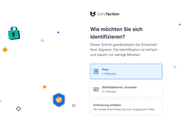 Zwei Auswahloptionen zur Identifikation auf einer Webseite von Certifaction, darunter Pass (1-3 Minuten) und Identitätskarte/Ausweis (4-7 Minuten), mit erläuterndem Text zur Sicherheit der Signatur und einer Option zur Erinnerung per E-Mail.