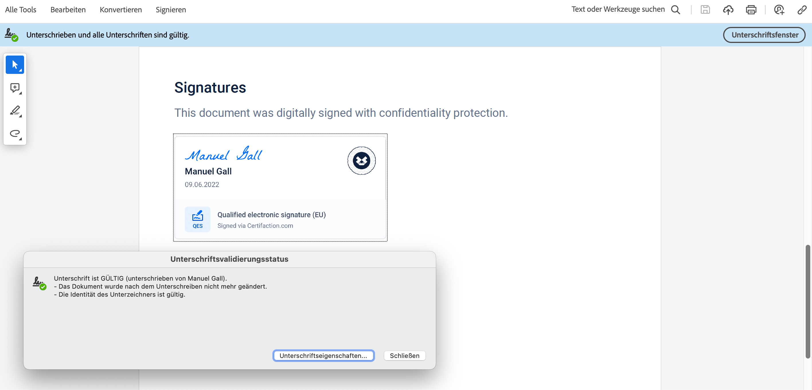 Screenshot of a PDF reader with a section on digital signatures, showing the valid qualified electronic signature of Manuel Gall dated 9 June 2022, supplemented by a message on valid signature validation.