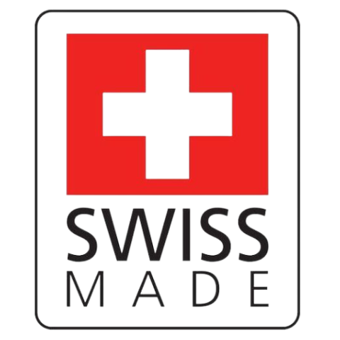 Logo mit rotem Schweizer Kreuz auf weißem Hintergrund und dem Text ‚SWISS MADE‘ darunter in schwarzer Schrift