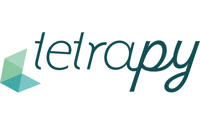 Logo der Firma Tetrapy mit einem stilisierten, vierseitigen, farblich abgestuften geometrischen Symbol links neben dem dunkelgrünen Schriftzug