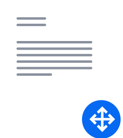 Weißes Dokument mit grauen Linien, die Text darstellen, und einem blauen Symbol mit vier Pfeilen, die in alle Richtungen zeigen, unten rechts