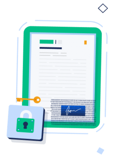 Digitale Darstellung eines Dokuments mit Sicherheitsmerkmalen, darunter ein Vorhängeschloss, ein Schlüssel und binärer Code, symbolisieren Datenschutz und digitale Signatur.