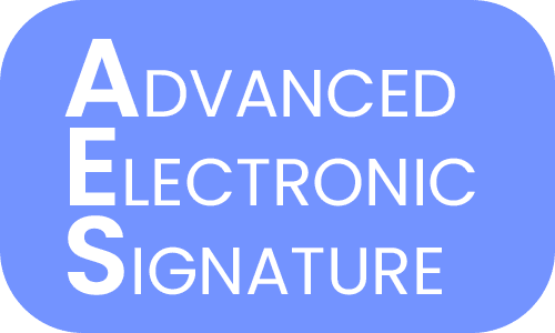 Hellblaues Rechteck mit abgerundeten Ecken und dem Text 'ADVANCED ELECTRONIC SIGNATURE', wobei die Anfangsbuchstaben A, E und S in Weiß und fett hervorgehoben sind