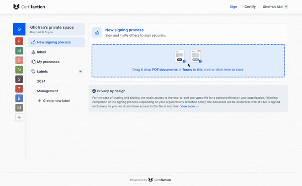 User interface of the Certifaction application with a menu on the left side showing options such as “New signing process”, “Inbox”, “My processes” and “Labels”, as well as a main area displaying a new signing process with a drag-and-drop area for PDF documents or forms; the top margin contains links for login, certification and user profile of Ghofran Akil.
